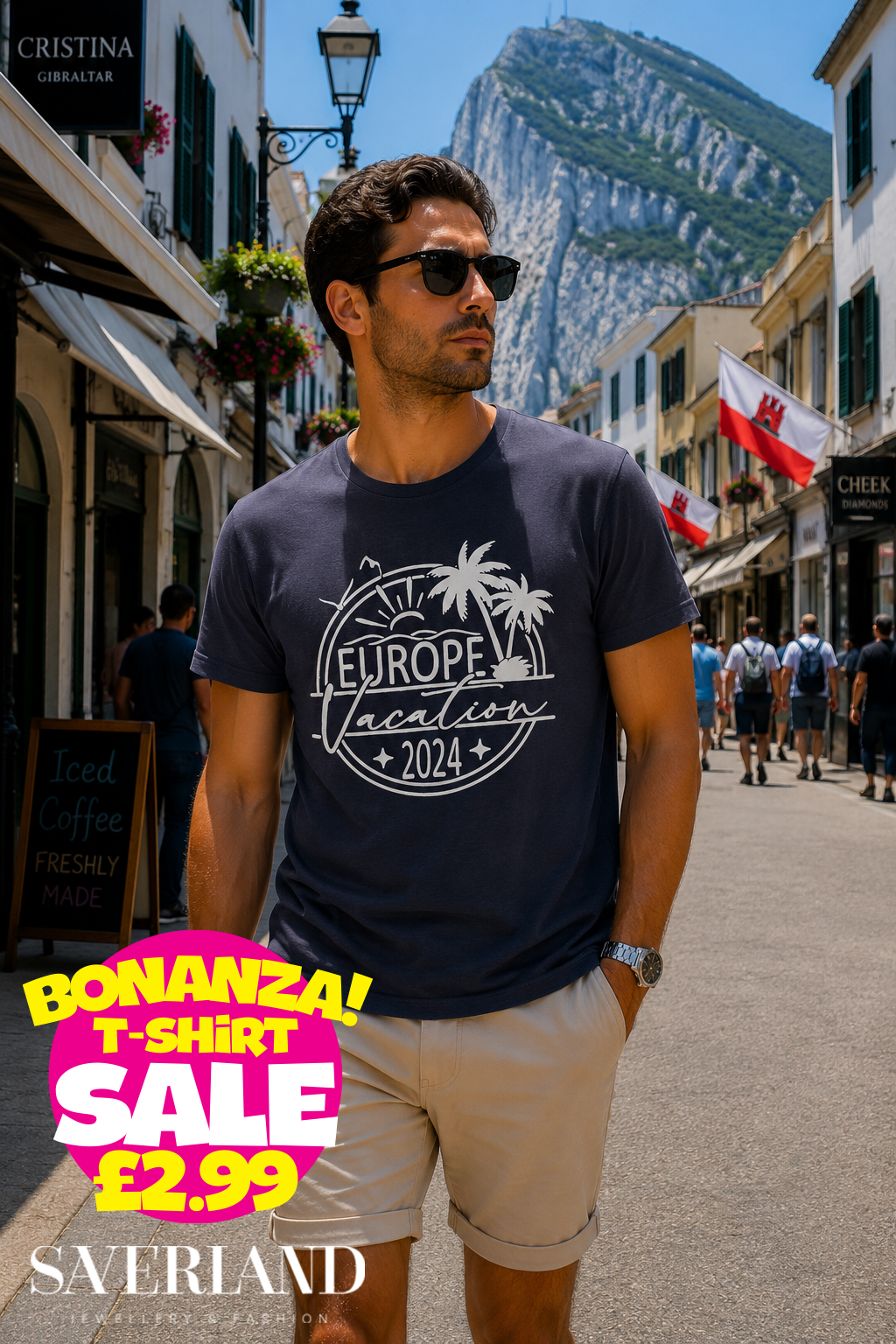 Navy blue t-shirt with white Europe Vacation 2024 circular palm tree graphic, worn by a man on a sunny Gibraltar street