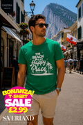 Men's green t-shirt with white beach is my happy place slogan and tropical island graphic