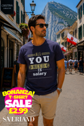 Navy blue slogan t-shirt with All You Need Is Salary graphic print in white and gold text