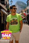 Lime green men's t-shirt with retro California motorcycle and palm tree graphic print