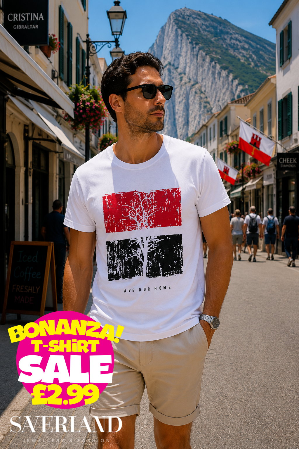White t-shirt with red and black tree graphic and 'Ave Our Home' text, worn by a man on Main Street Gibraltar with the Rock in the background