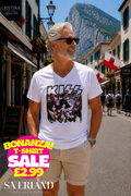 White v-neck t-shirt with KISS band graphic print featuring the band in stage makeup and the iconic KISS logo