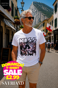 White KISS band graphic t-shirt featuring the iconic logo and band members in stage makeup