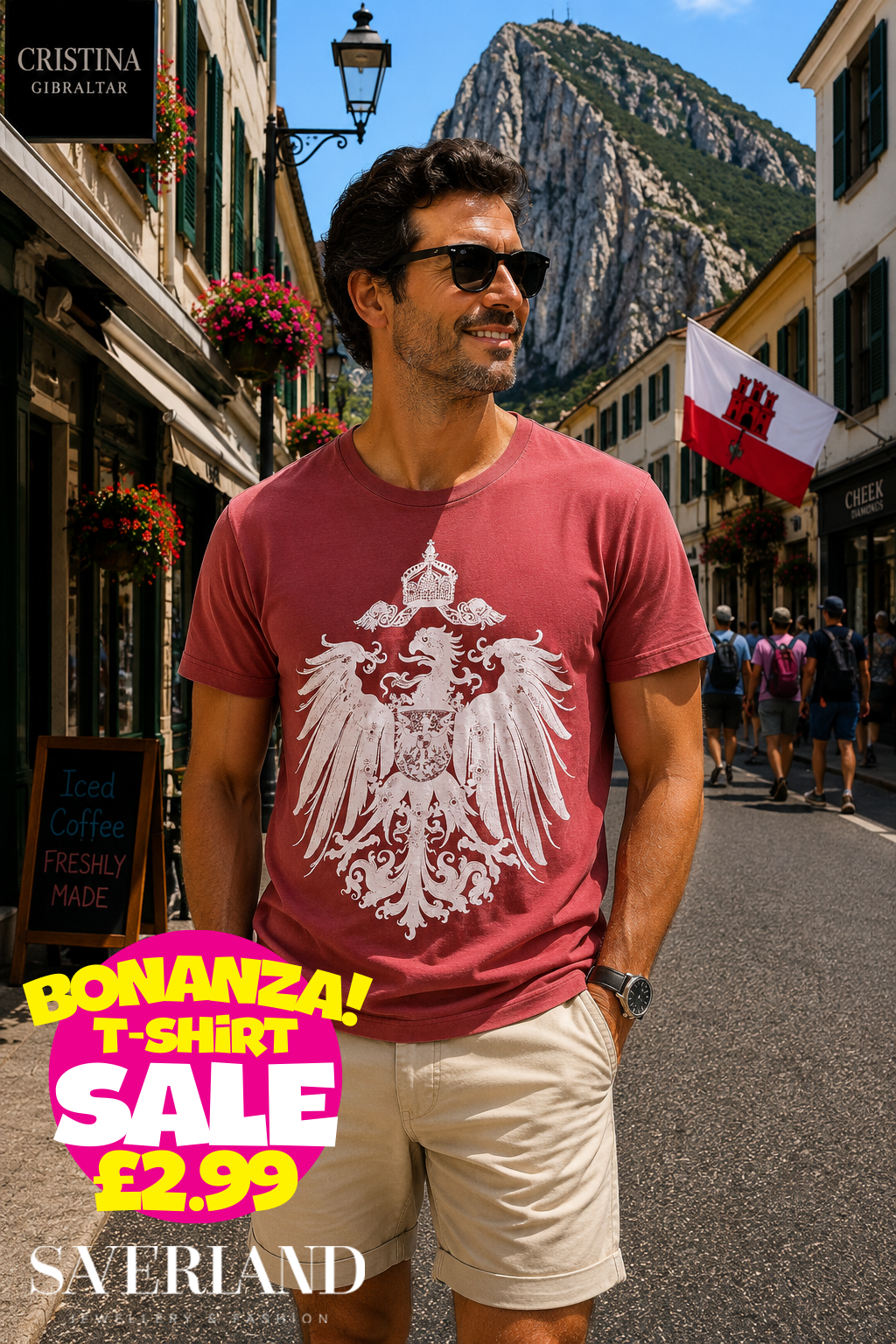 Men's dusty rose t-shirt with large white crowned imperial eagle heraldic graphic on chest