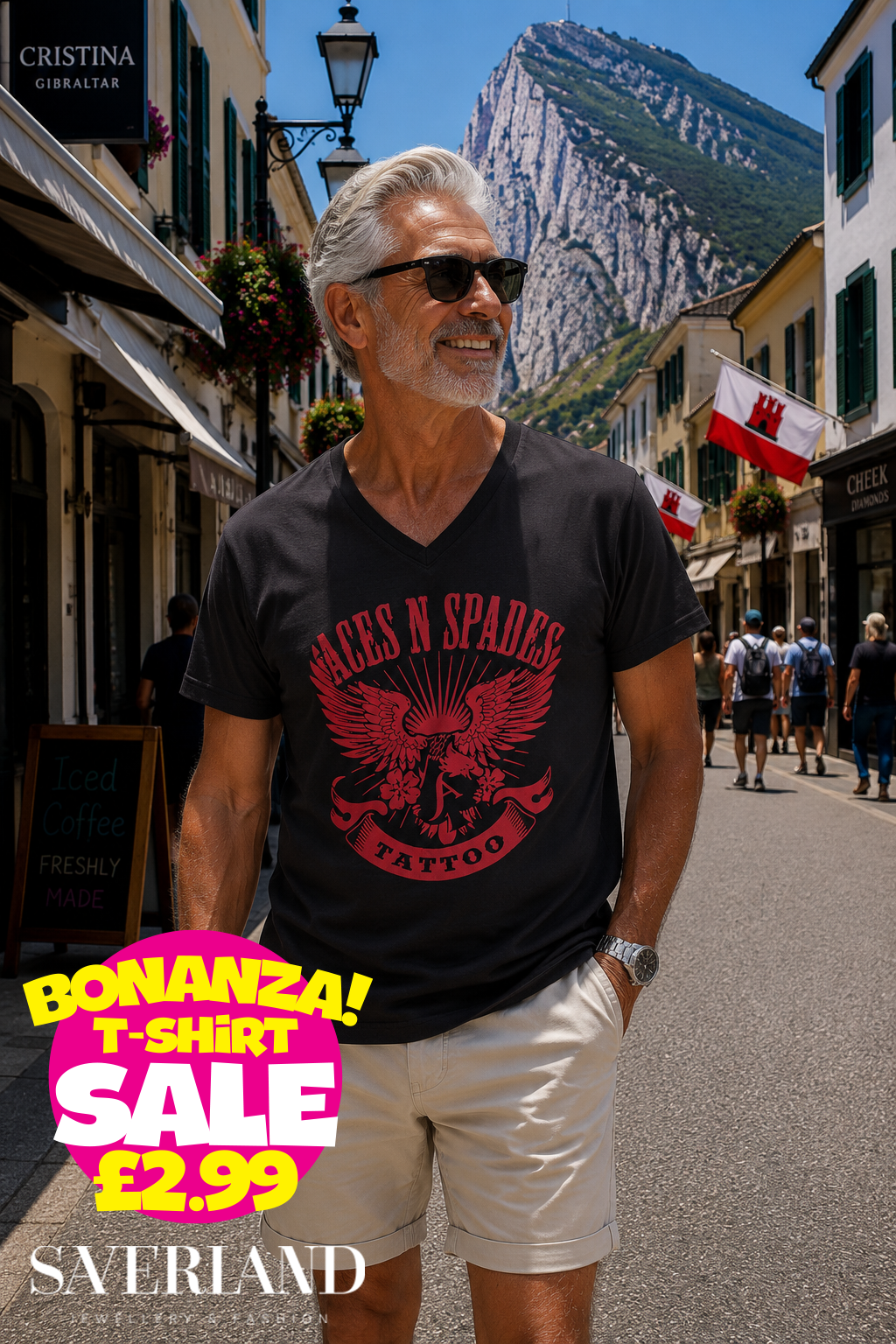 Black v-neck t-shirt with red Aces N Spades Tattoo winged eagle graphic