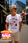 White men's t-shirt with 'Let's Get Lost in Paradise' mountain and pine tree graphic print