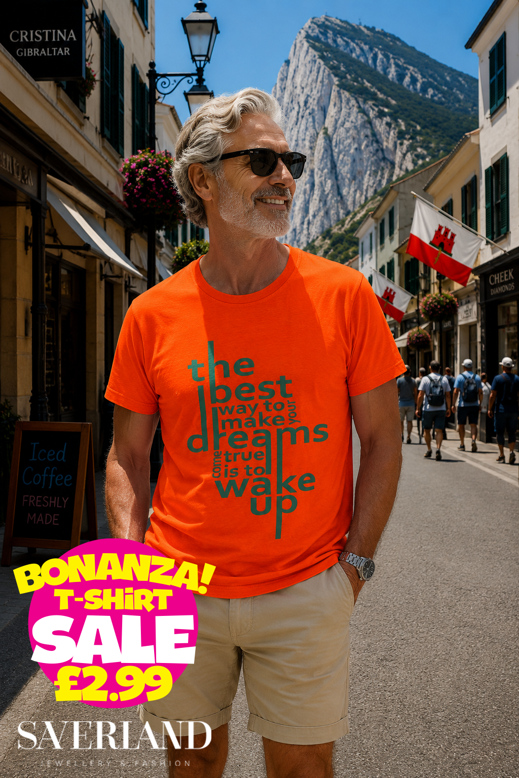 Bright orange men's t-shirt with teal typographic motivational quote design worn in Gibraltar street