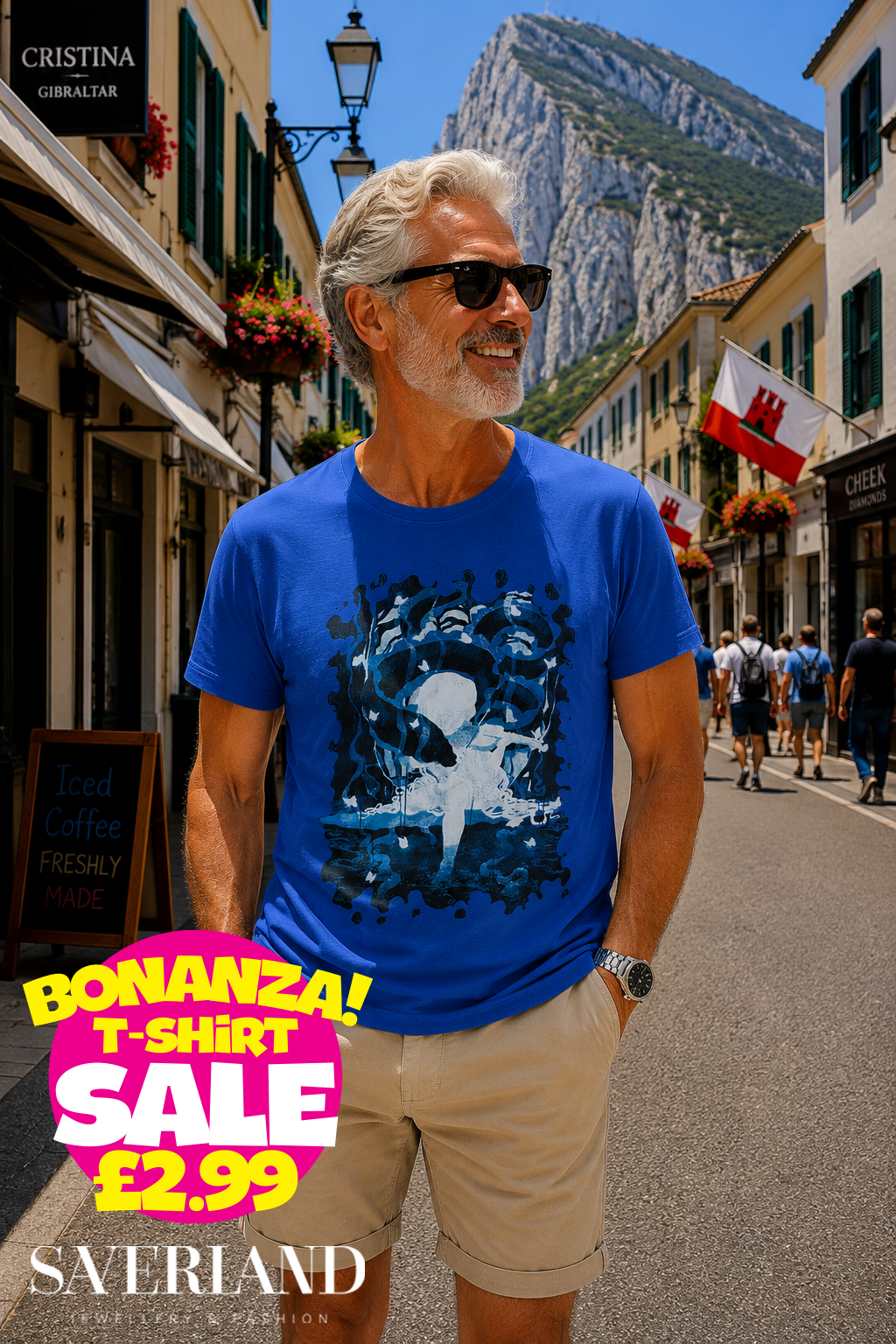 Royal blue men's t-shirt with abstract dancer graphic in dark blue and white swirling design