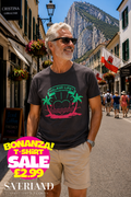 Dark charcoal t-shirt with Island Life tropical graphic featuring palm trees, heart and sunset in pink and green