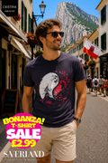 Navy t-shirt with samurai yin yang graphic in red and white on a male model in Gibraltar