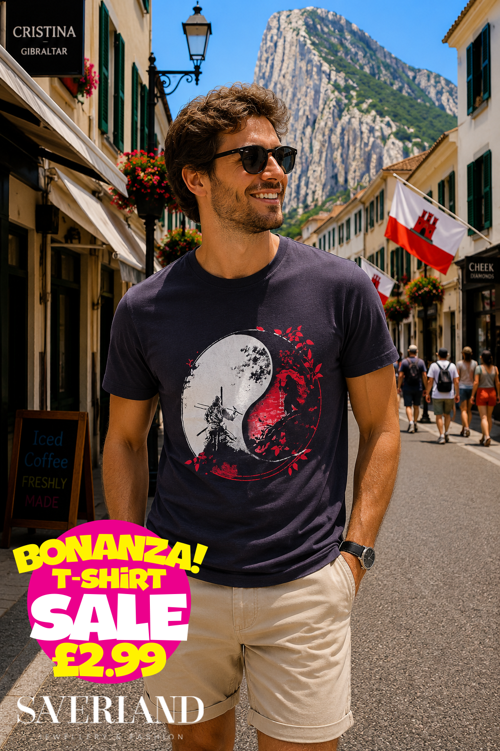 Navy t-shirt with samurai yin yang graphic in red and white on a male model in Gibraltar