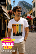 White v-neck t-shirt with retro Enjoy New York colourful skyline graphic, worn by a man in Gibraltar