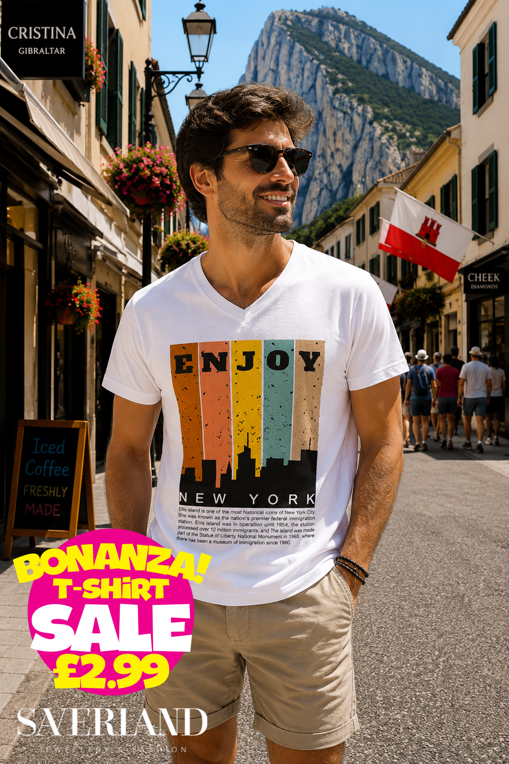 White v-neck t-shirt with retro Enjoy New York colourful skyline graphic, worn by a man in Gibraltar