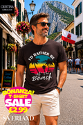 Dark charcoal t-shirt with retro sunset palm tree graphic and 'I'd Rather Be At The Beach' slogan in white print