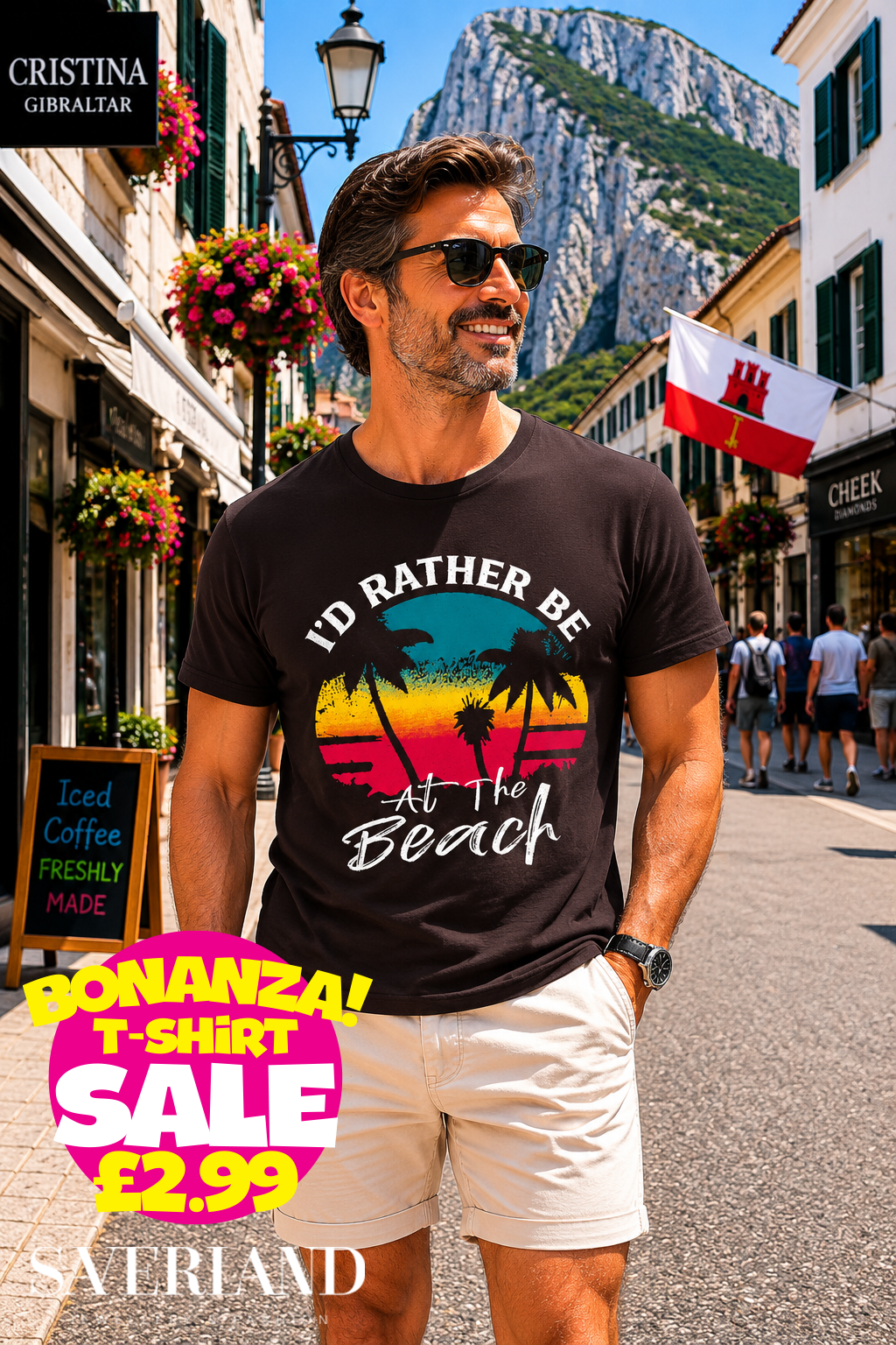 Dark charcoal t-shirt with retro sunset palm tree graphic and 'I'd Rather Be At The Beach' slogan in white print