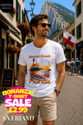White t-shirt with Emerald Beach Florida kayak sunset graphic print in orange and gold tones