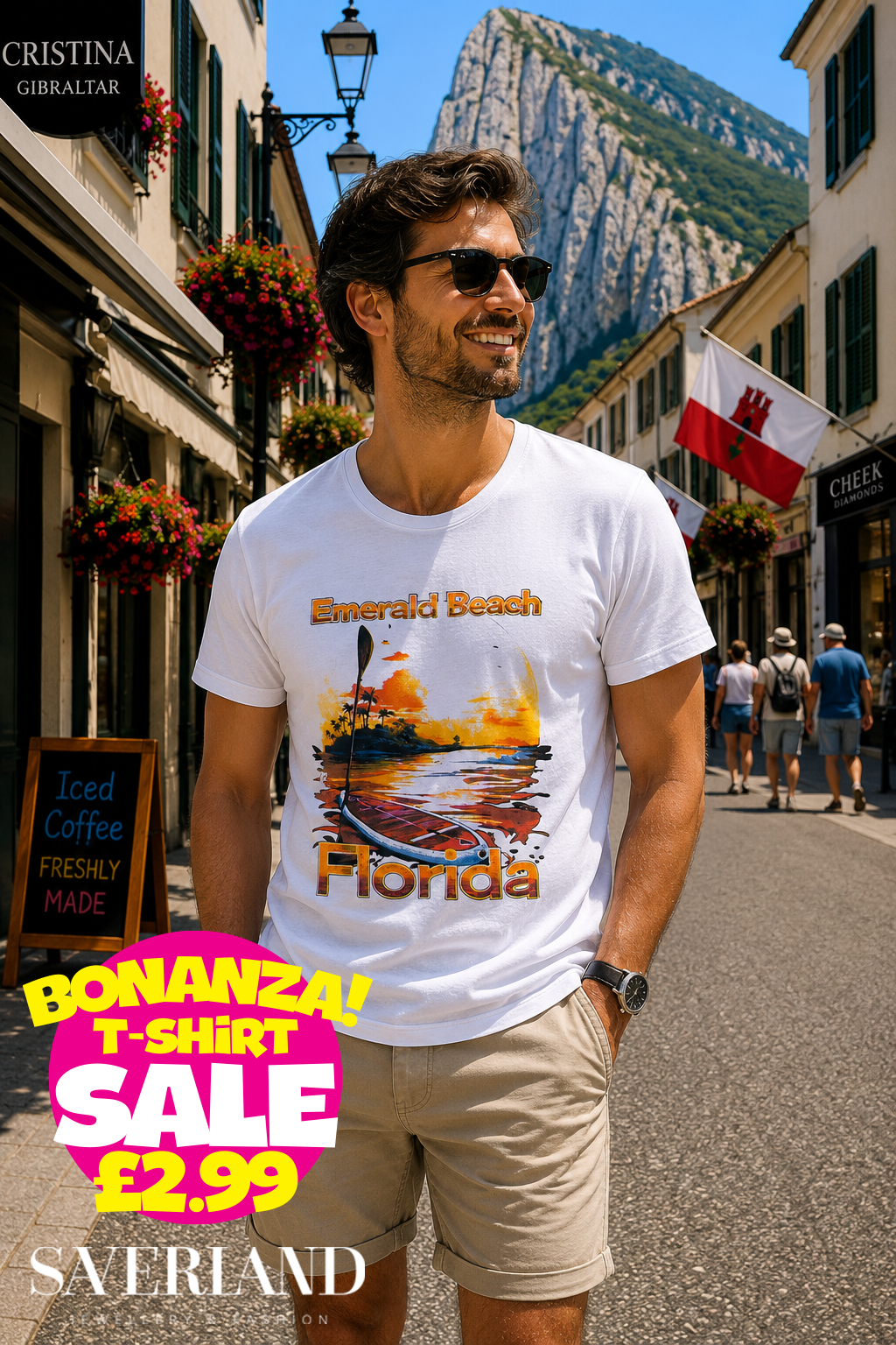 White t-shirt with Emerald Beach Florida kayak sunset graphic print in orange and gold tones