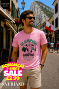 Pink t-shirt with dark green glamping slogan and mountain campsite graphic print