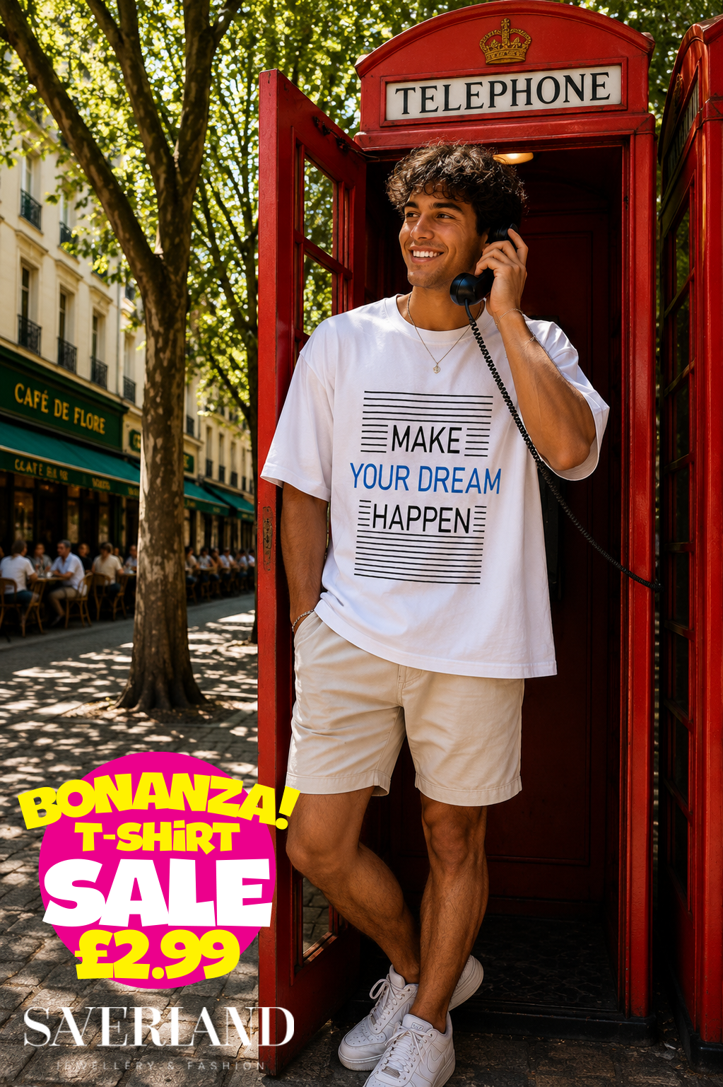 White oversized men's t-shirt with Make Your Dream Happen slogan in black and blue text