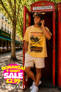 Yellow men's t-shirt with Miami Beach Surf palm tree sunset graphic print