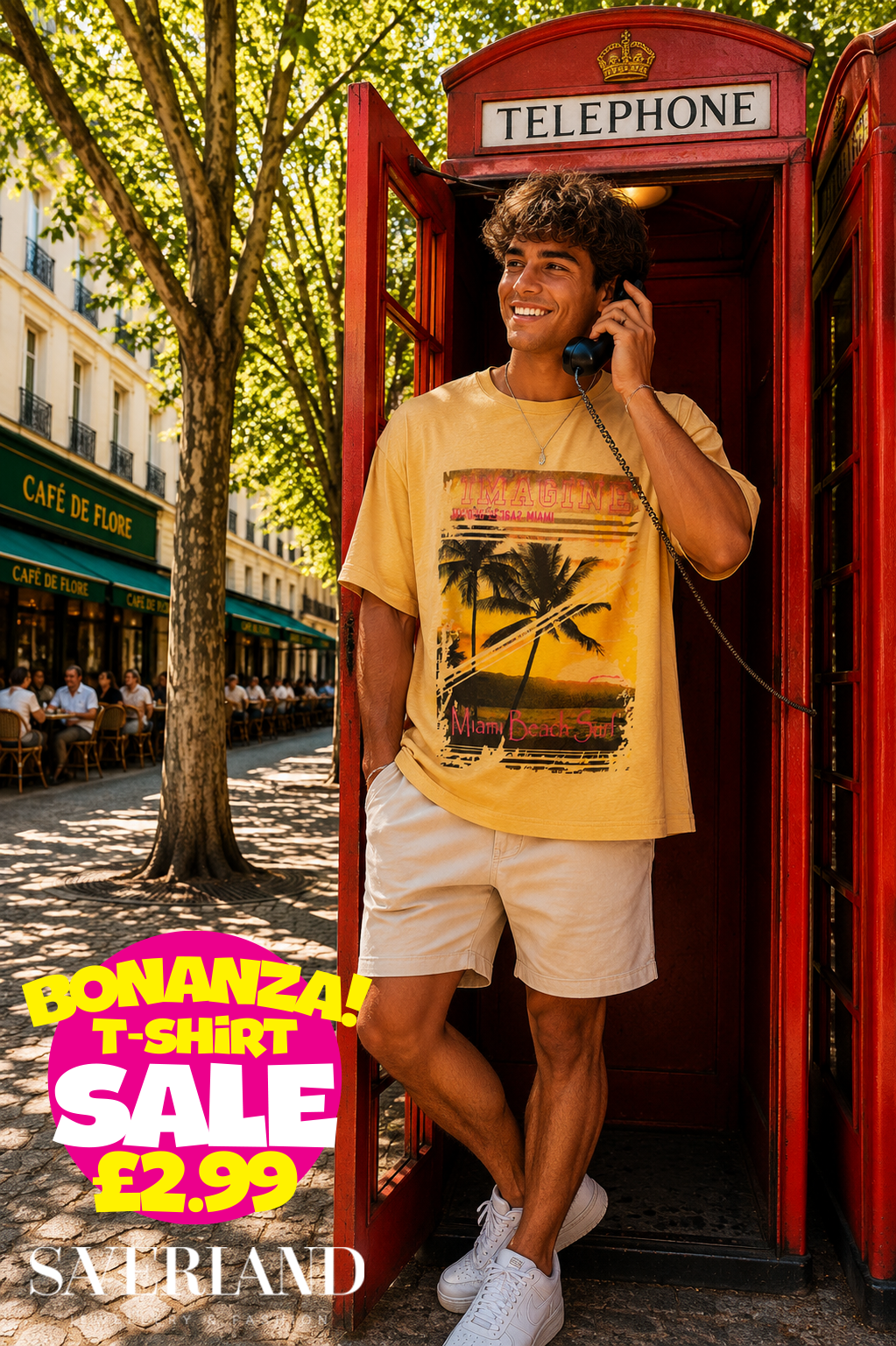 Yellow men's t-shirt with Miami Beach Surf palm tree sunset graphic print