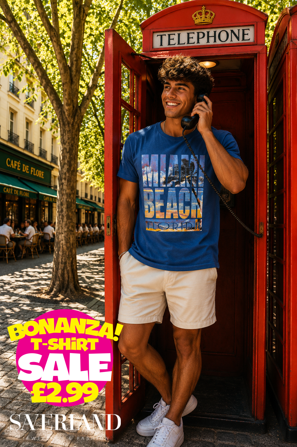 Man wearing a royal blue Miami Beach Florida graphic t-shirt standing in a red telephone box