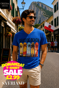 Royal blue v-neck t-shirt with Seaside Beach Florida surfboard panel palm tree graphic