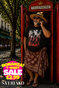 Black t-shirt with tropical palm tree sunset graphic print in pink and red tones