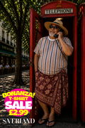 Men's beige and navy vertical stripe short sleeve crew-neck t-shirt worn in a Parisian street setting