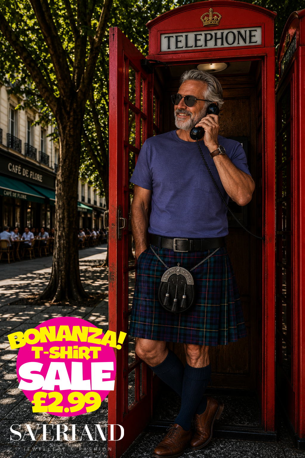 Man wearing a plain purple crew neck t-shirt standing in a red British telephone box
