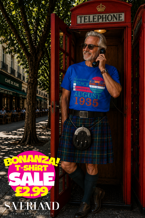 Royal blue t-shirt with retro sunset palm tree graphic reading Awesome Since August 1935