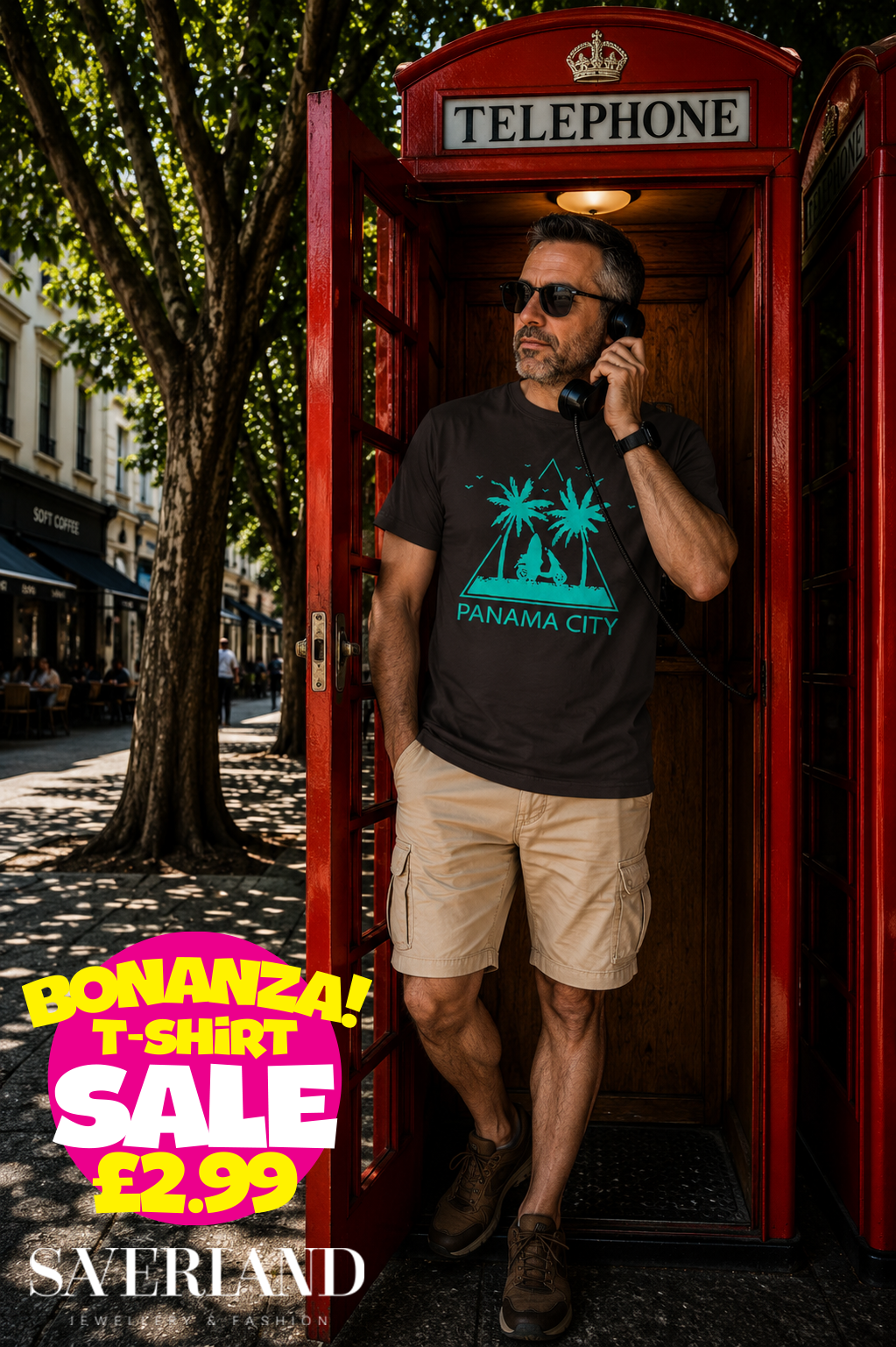 Dark charcoal t-shirt with teal Panama City palm tree triangle graphic