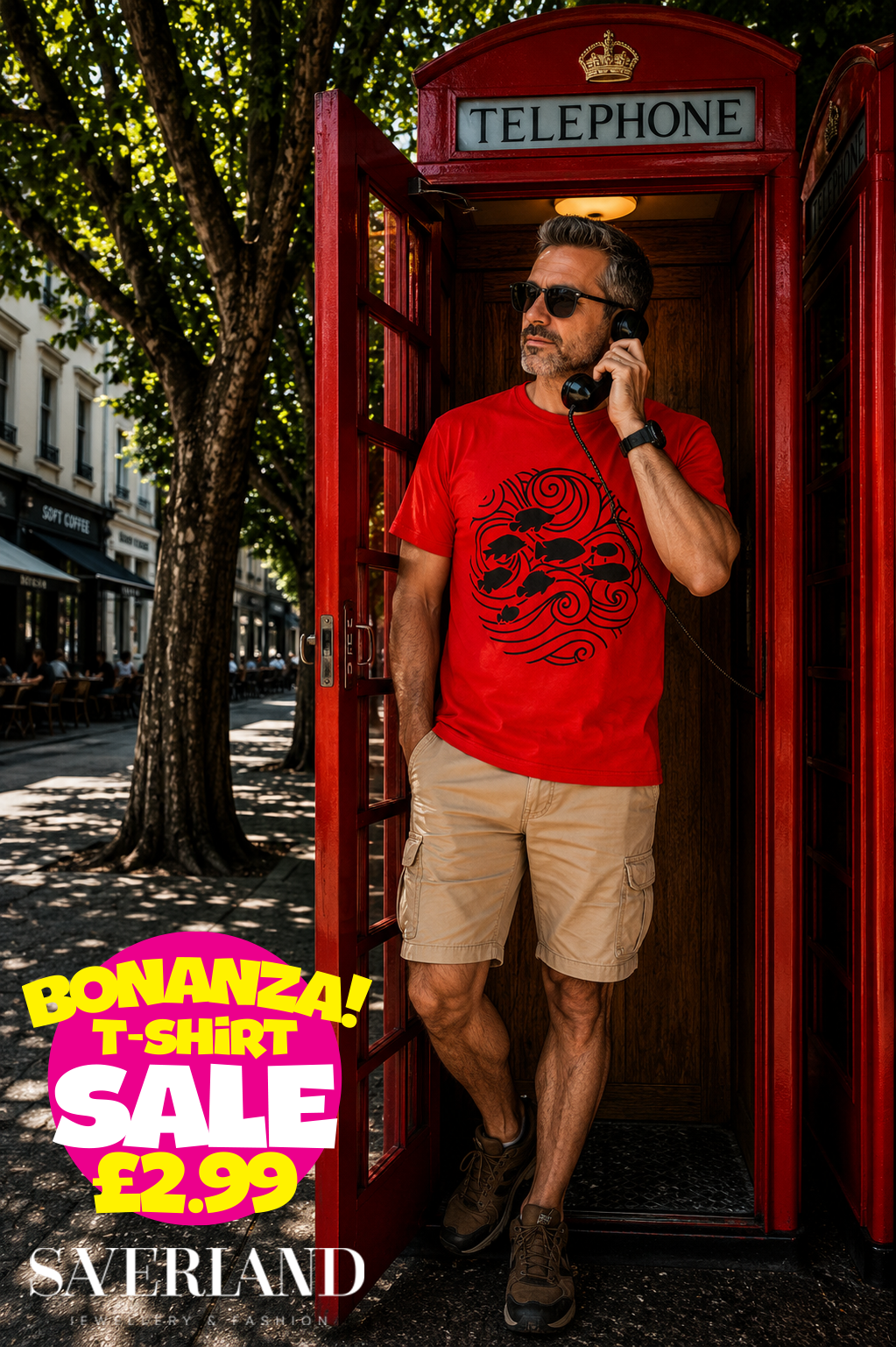 Man wearing a red t-shirt with black tribal fish and swirl graphic, standing in a classic red London telephone box