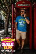 Royal blue Glamping Is Like Camping slogan t-shirt with mountain and tent graphic in yellow and white print