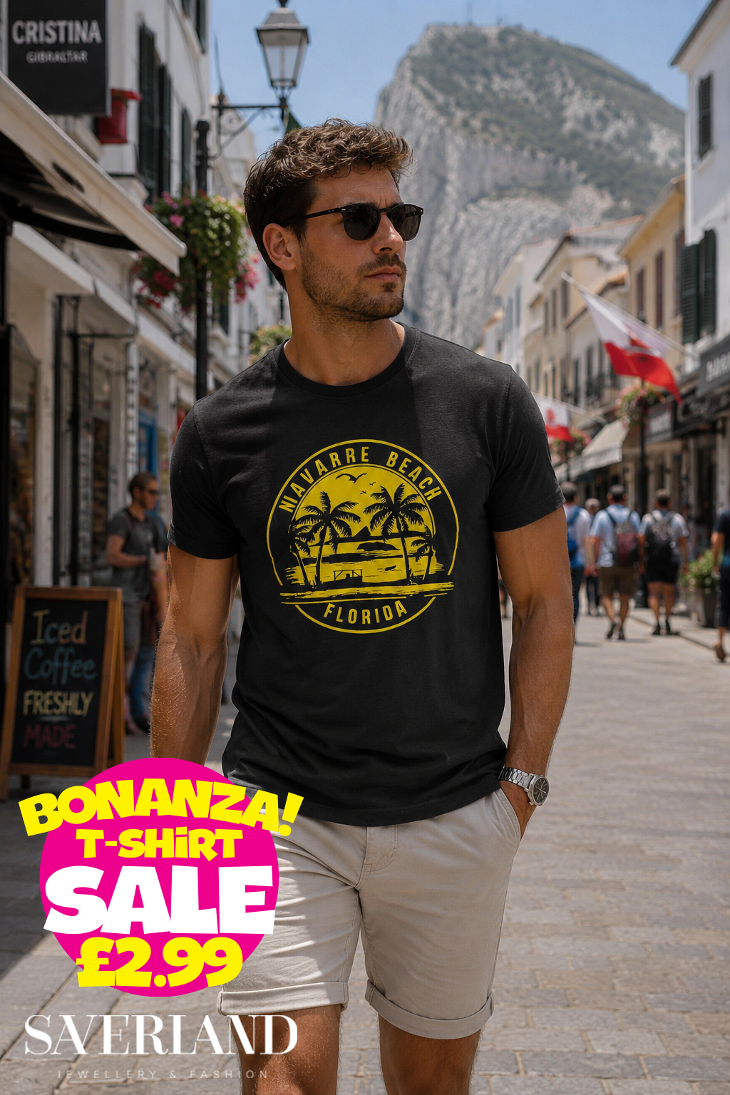 Black men's t-shirt with gold circular Navarre Beach Florida palm tree graphic, worn by a man in Gibraltar
