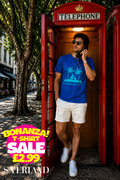Men's royal blue Panama City palm tree graphic t-shirt with turquoise triangle print