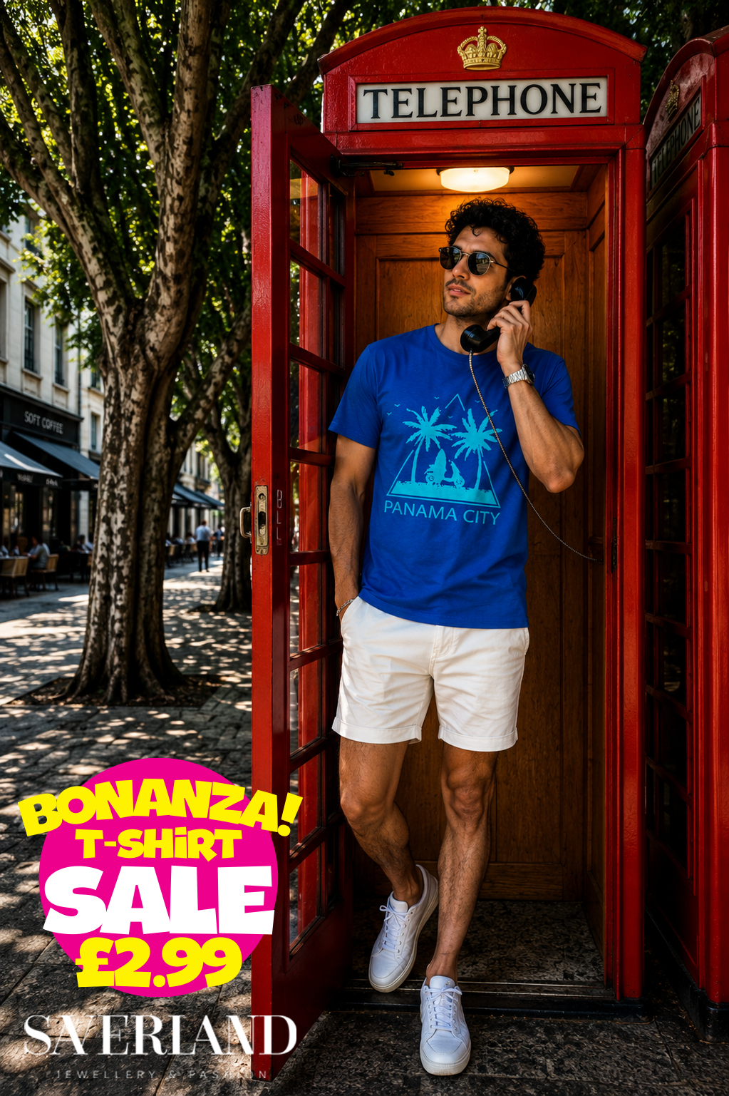 Men's royal blue Panama City palm tree graphic t-shirt with turquoise triangle print