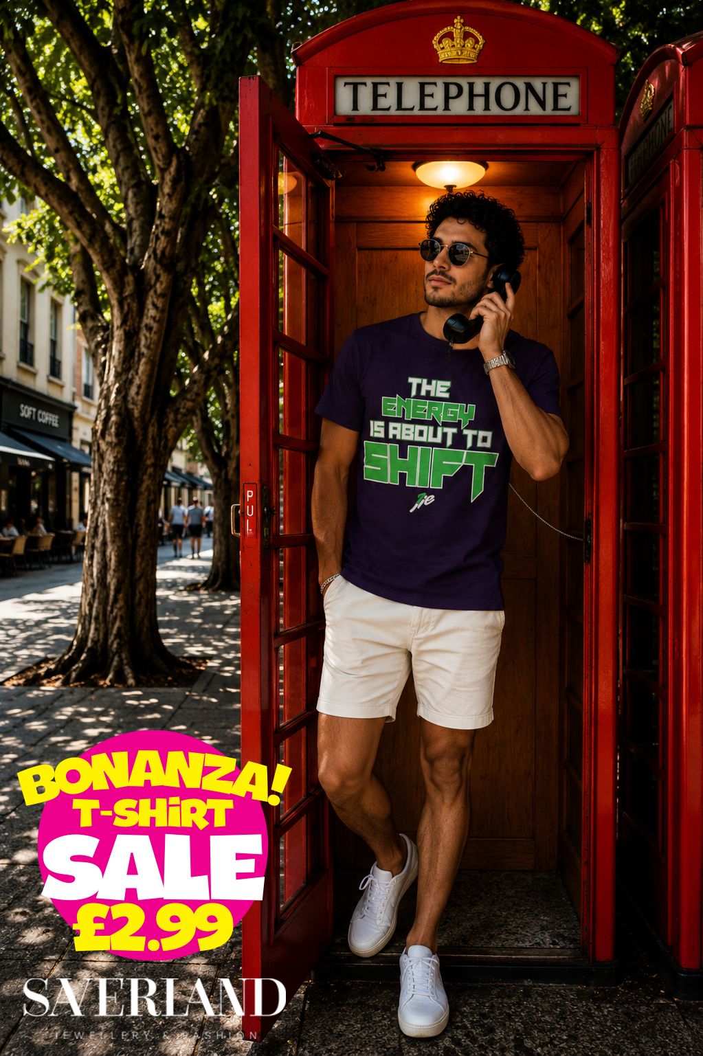 Man wearing a navy blue t-shirt with green and white 'The Energy Is About To Shift' slogan graphic, standing in a red British telephone box