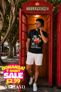 Men's black Gold Beach tropical cocktail graphic t-shirt with palm tree print