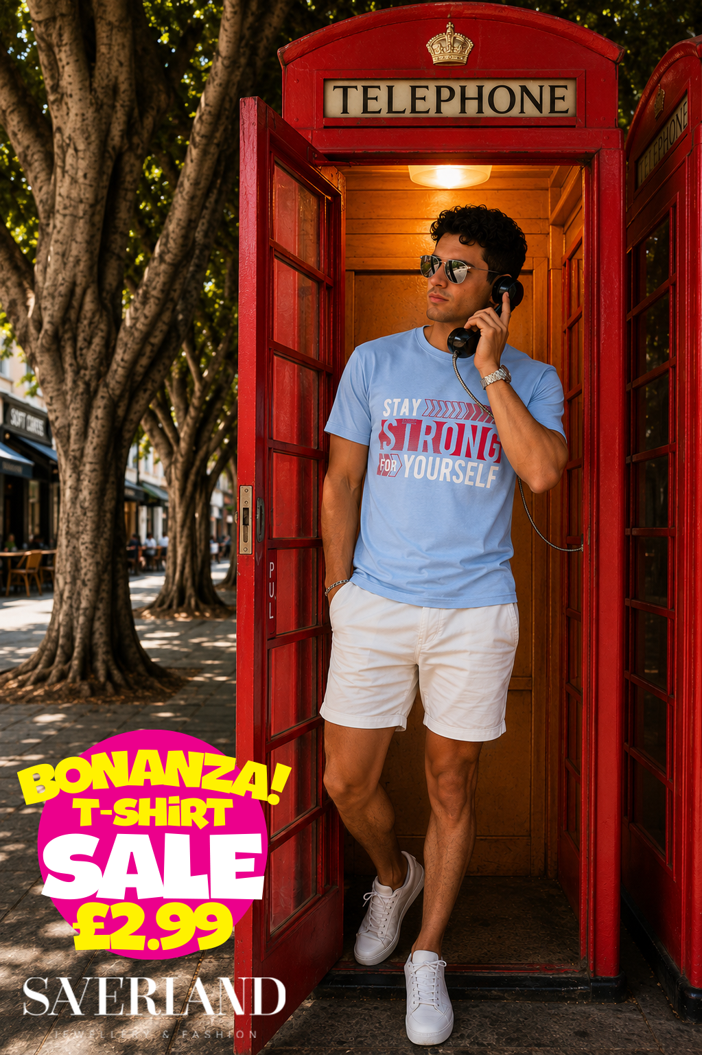 Men's light blue t-shirt with Stay Strong For Yourself red and white graphic print, worn by male model in a red London telephone box