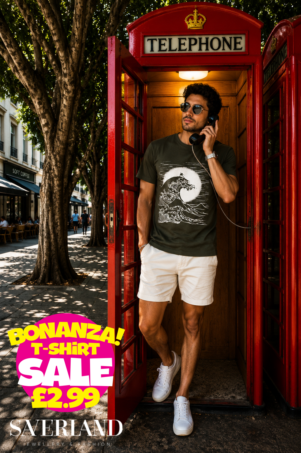 Man wearing a dark olive green t-shirt with a white Japanese great wave and moon graphic print, standing in a red London telephone box