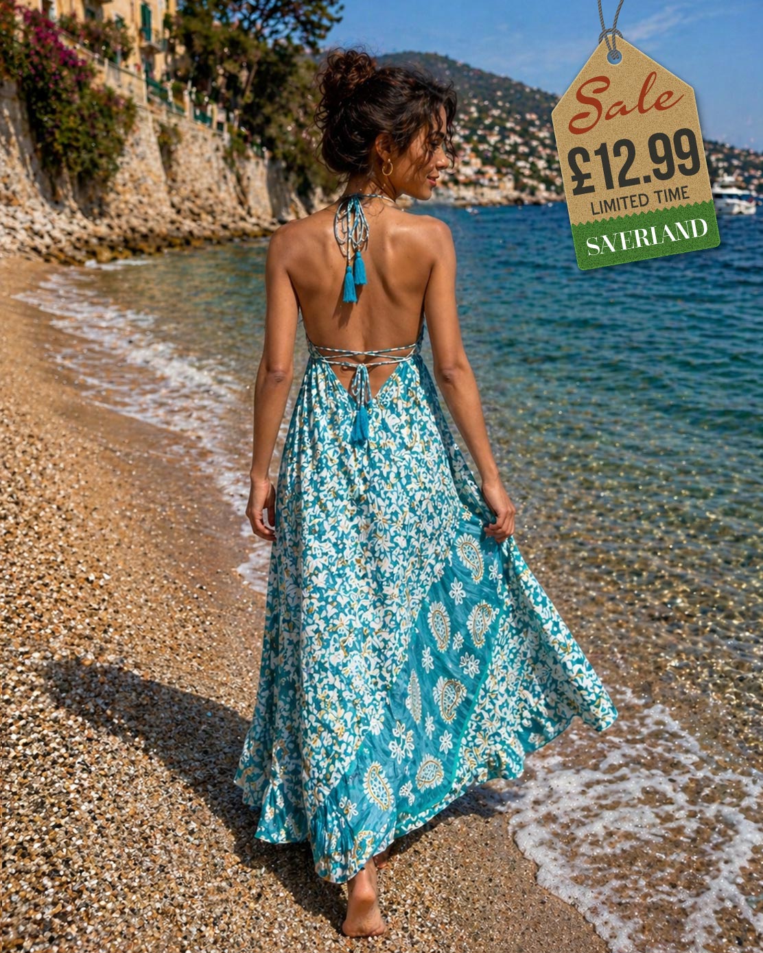 Turquoise Paisley Backless Maxi Dress