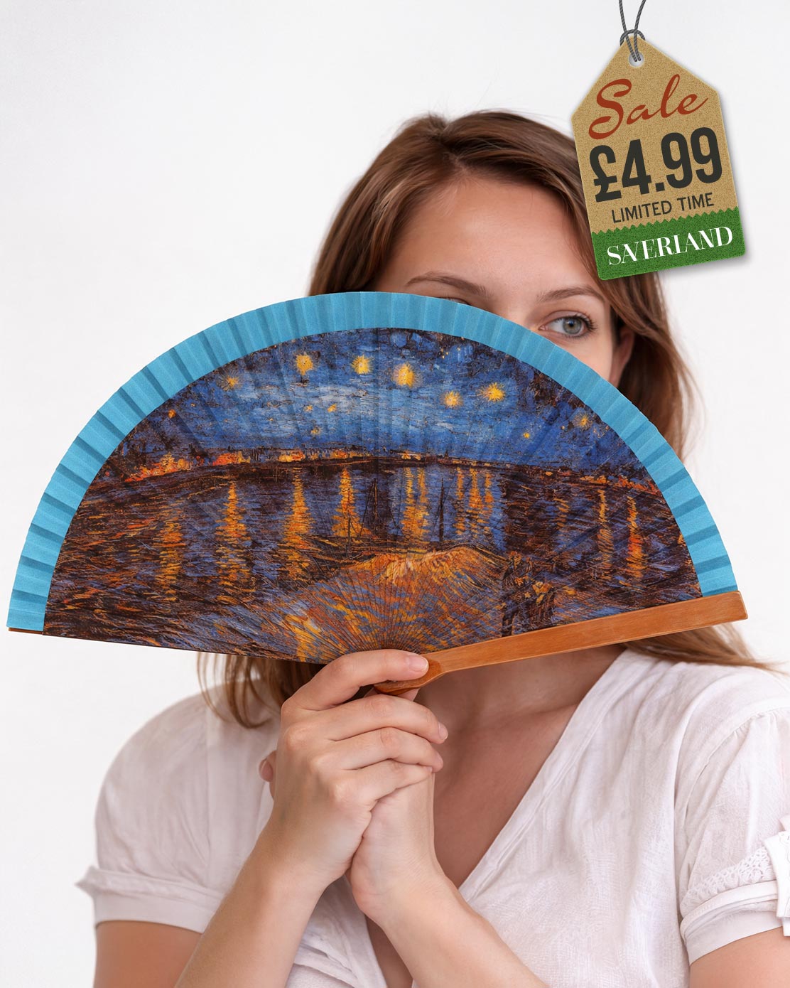 Folding hand fan with a print inspired by Starry Night Over the Rhone by Vincent van Gogh with sky blue frame held by woman