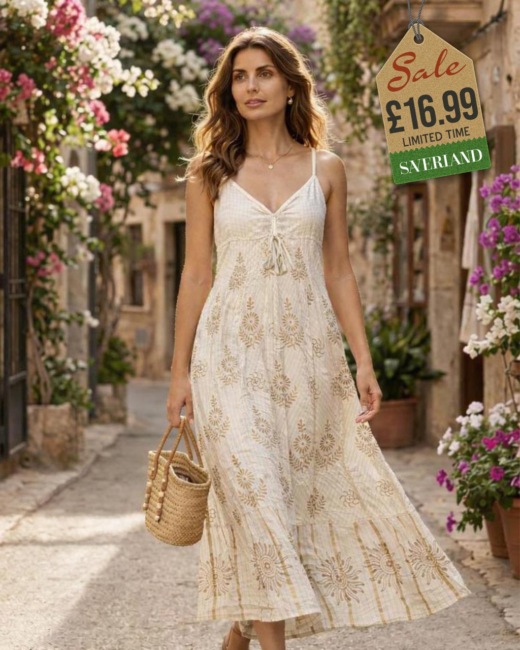 White and gold block print boho maxi dress with spaghetti straps and tiered ruffled skirt
